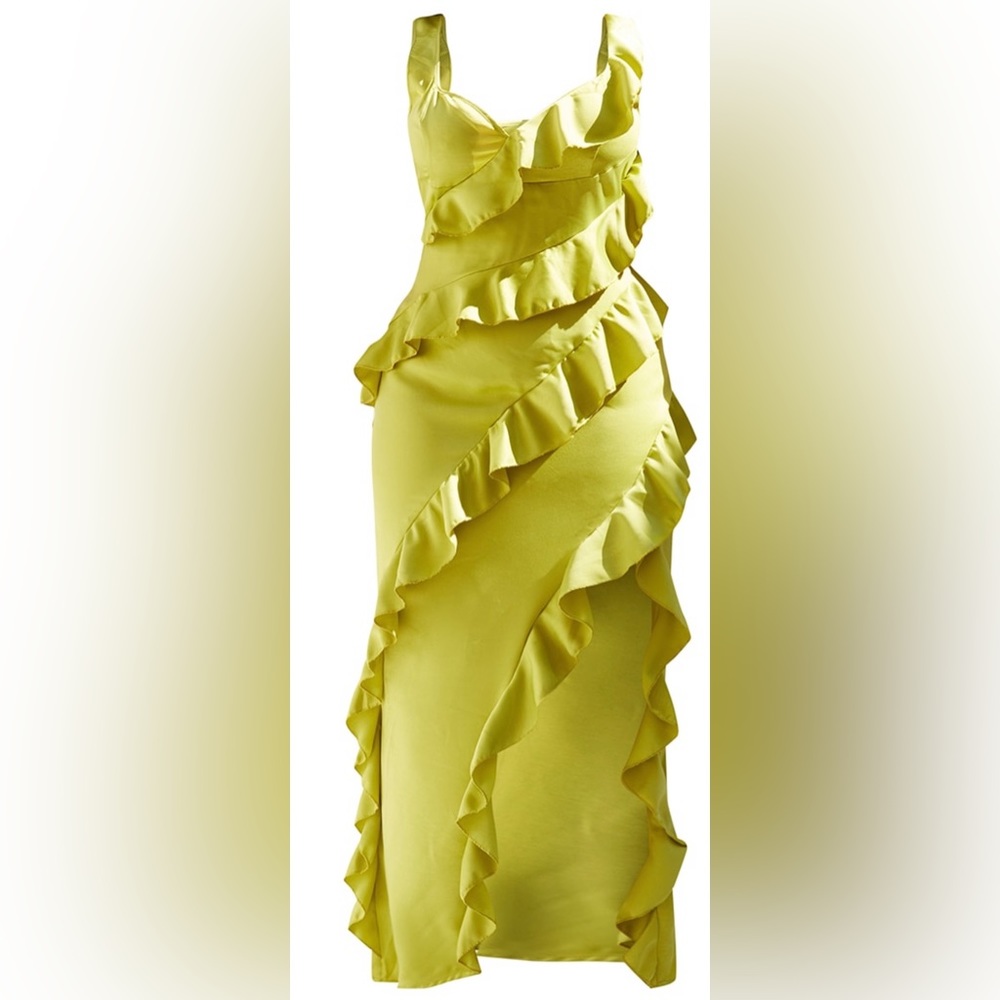 Plus Olive Satin Frill Layered Midiaxi Dress